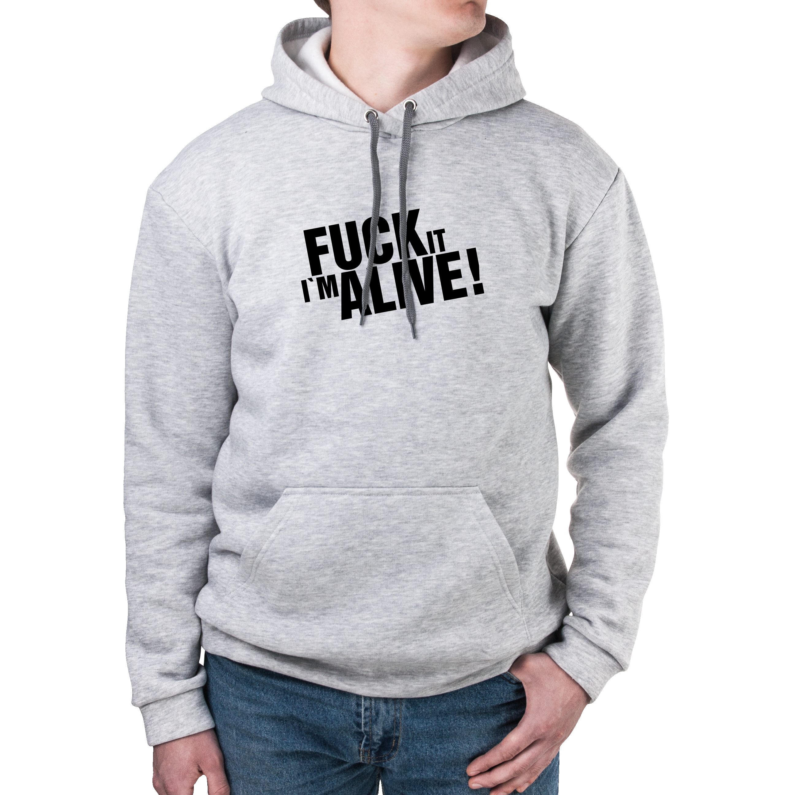 Худи с карманом унисекс трёхнитка с начёсом серый Fuck it i`m alive S - фото 1 - Худи, свитшоты